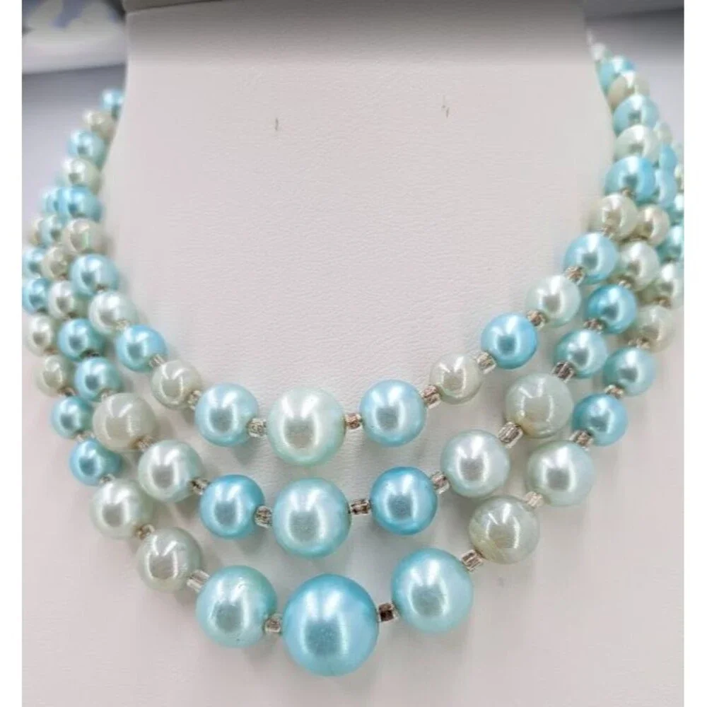 Vintage Japan Triple Strand Faux Pearl Necklace Aqua Cream Silver Tone 18 Inch